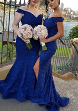 Load image into Gallery viewer, Royal Blue Lace Bridesmaid Dresses with Slit