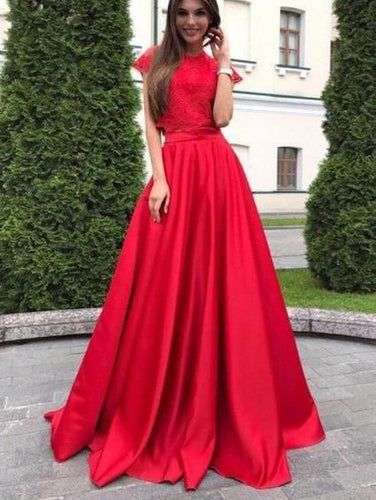Two Piece Red Long Prom Dresses with Lace Appliques