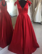 Load image into Gallery viewer, Red V Neck Long Prom Dresses Evening Gowns Shoulder with Bowknot