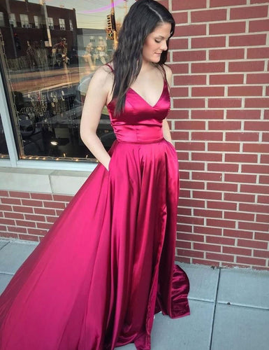 Spaghetti Straps Fuchsia Long Prom Dresses Evening Gowns