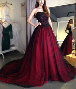 Strapless Tulle Long Prom Dresses with Appliques Evening Gowns