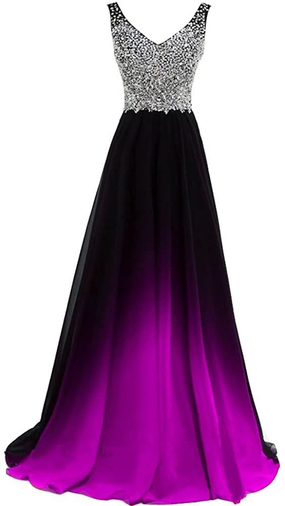 V Neck Gradient Prom Dresses with Sparkly Beaded Top