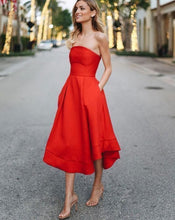 Cargar imagen en el visor de la galería, Strapless Orange Tea Length Prom Dresses with Pockets