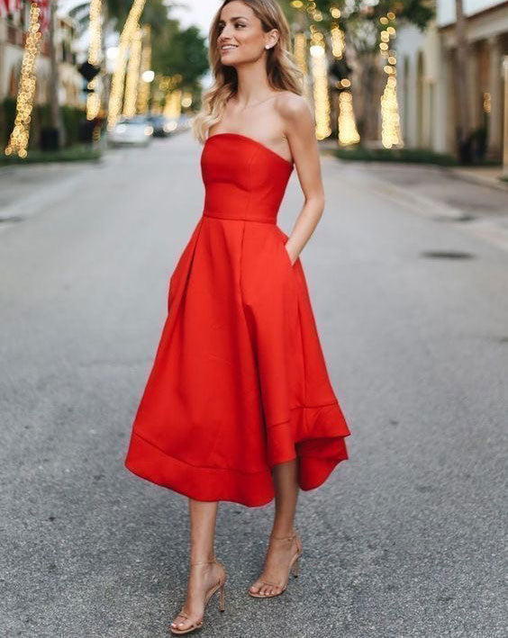 Strapless Orange Tea Length Prom Dresses with Pockets