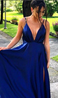 Royal Blue V Neck Prom Dresses Slit