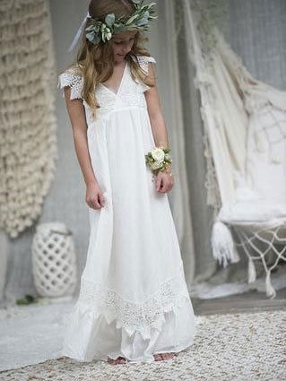 Boho V Neck Long Flower Girl Dresses for Wedding Party