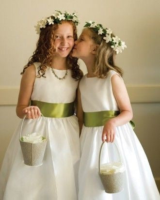 Sweet White Flower Girl Dresses with Green Sash