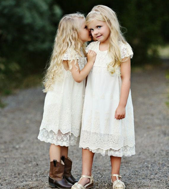 Beach Boho Tea Length Flower Girl Dresses