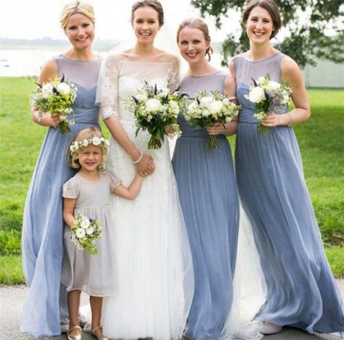Sheer Neck Long Bridesmaid Dresses for Wedding Party