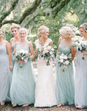 Load image into Gallery viewer, Sheer Neck Light Mint Green Long Bridesmaid Dresses for Wedding Party