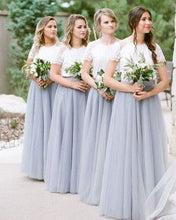 Load image into Gallery viewer, Two Piece Tulle Long Bridesmaid Dresses with Short Sleeves