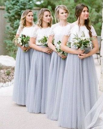 Two Piece Tulle Long Bridesmaid Dresses with Short Sleeves