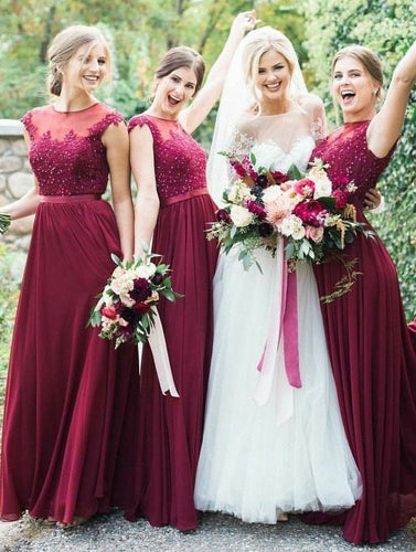 Sheer Neck Dark Red Long Bridesmaid Dresses with Appliques