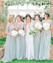 Load image into Gallery viewer, V Neck Short Sleeves Tulle Long Bridesmaid Dresses for Wedding