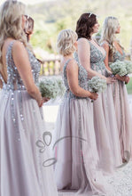 Charger l&#39;image dans la galerie, V Neck Tulle Long Bridesmaid Dresses for Wedding Party with Sequines