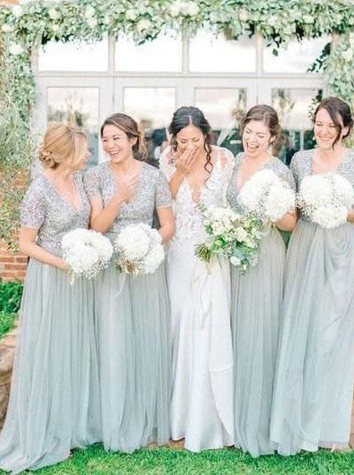 V Neck Long Bridesmaid Dresses with Short Sleeves