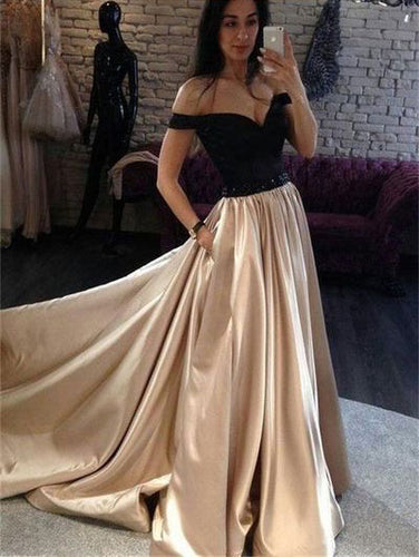 Off the Shoulder Champagne Long Prom Dresses with Beaded