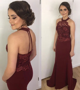 Burgundy Halter Mermaid Prom Dresses with Appliques Lace