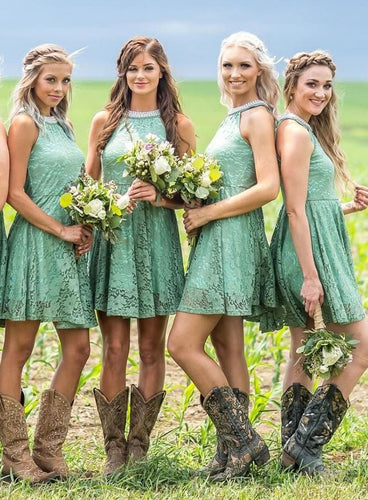 High Neck Short Counrty Lace Bridesmaid Dresses