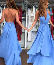 画像をギャラリービューアに読み込む, V Neck Blue Long Prom Dresses for Women