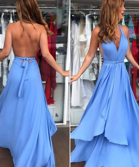 V Neck Blue Long Prom Dresses for Women