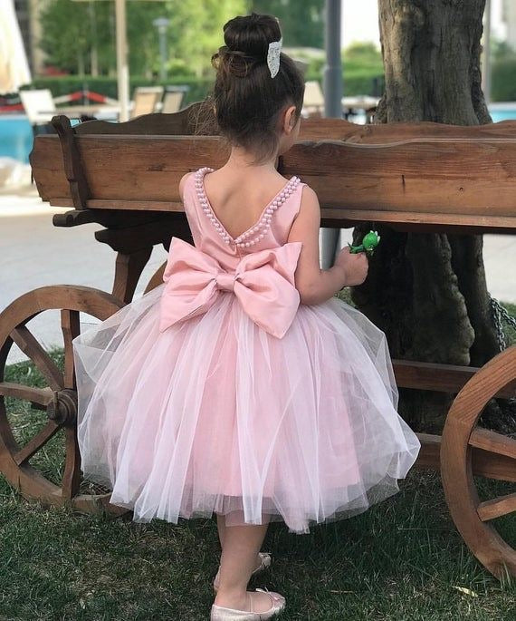 Sweet Flower Girl Dresses with Pearls Tea Length Birthday Gown