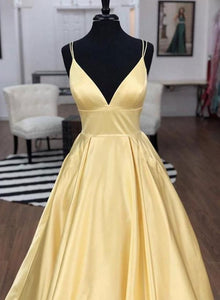 Double Spaghetti Straps Long Yellow Prom Dresses for Women