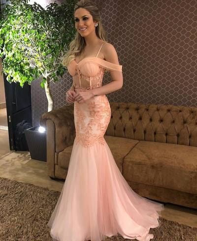 Off the Shoulder Mermaid Prom Dresses with Lace Appliques