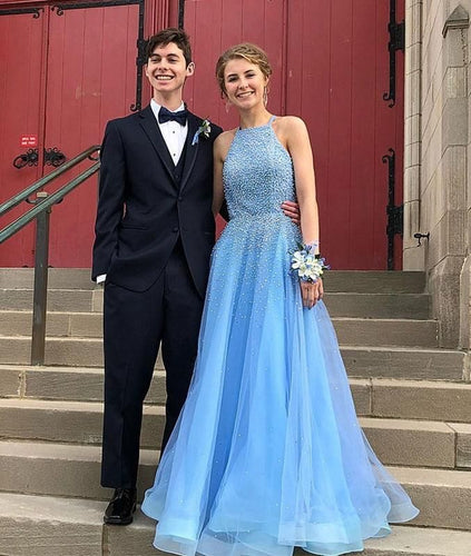 Halter Ice Sky Blue Long Prom Dresses with Pearls