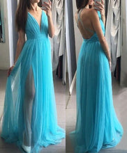 Load image into Gallery viewer, v neck tulle split side prom dresses for women