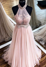 Load image into Gallery viewer, high neck tulle prom dresses with lace