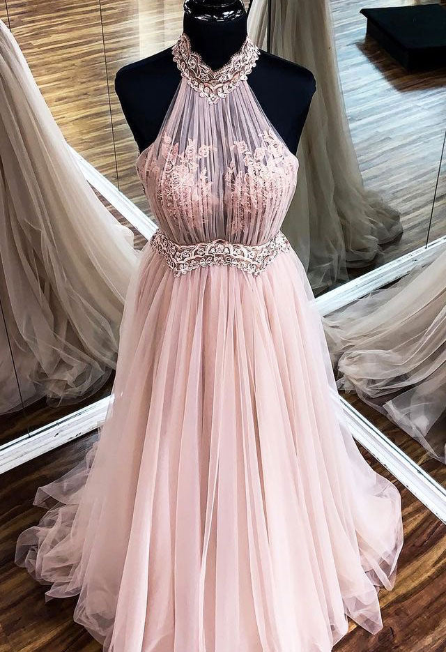 high neck tulle prom dresses with lace