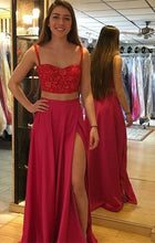 Load image into Gallery viewer, Two Piece Split Side Prom Dresses with Lace