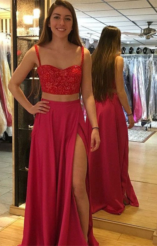 Two Piece Split Side Prom Dresses with Lace