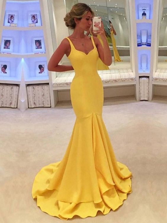 Charming Straps Yellow Mermaid Long Prom Dresses Evening Gowns