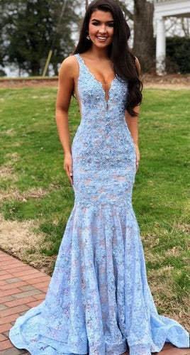 V Neck Mermaid Blue Prom Dresses Evening Gowns with Appliques