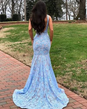 Charger l&#39;image dans la galerie, V Neck Mermaid Blue Prom Dresses Evening Gowns with Appliques