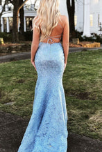 Load image into Gallery viewer, Spaghetti Straps Criss Cross Blue Prom Dresses Long Evening Gowns with Appliques