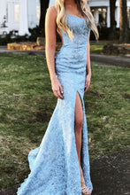 Load image into Gallery viewer, Spaghetti Straps Criss Cross Blue Prom Dresses Long Evening Gowns with Appliques