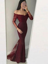 Load image into Gallery viewer, Mermaid Long Sleeves Burgundy Prom Dresses with Appliques