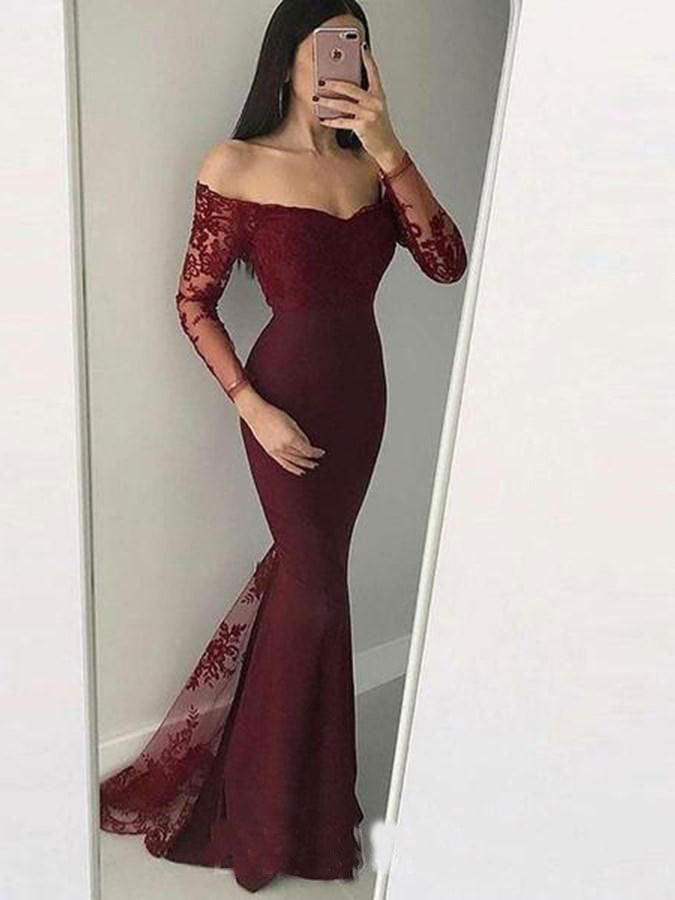 Mermaid Long Sleeves Burgundy Prom Dresses with Appliques