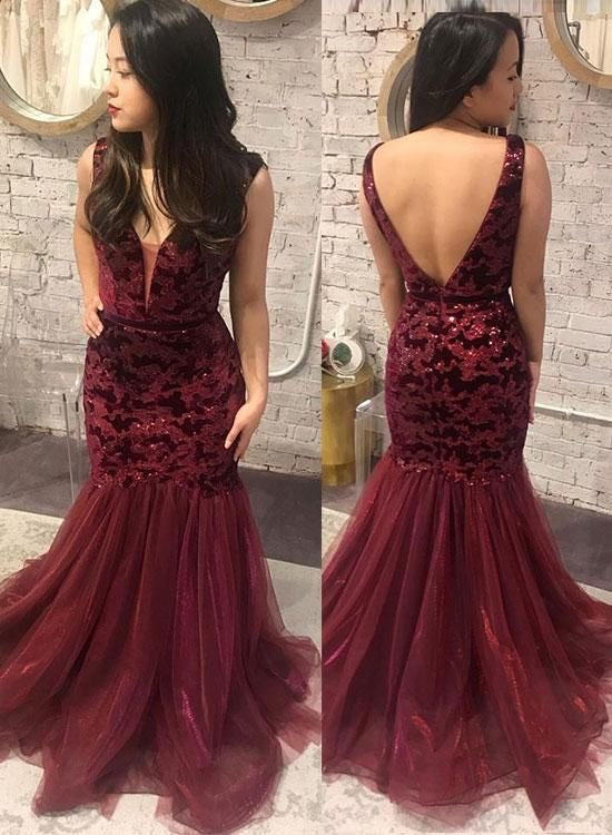 V Neck V Back Burgundy Mermaid Prom Dresses Evening Gowns