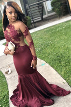 Load image into Gallery viewer, Long Sleeves Wine Mermaid Prom Dresses with Appliques