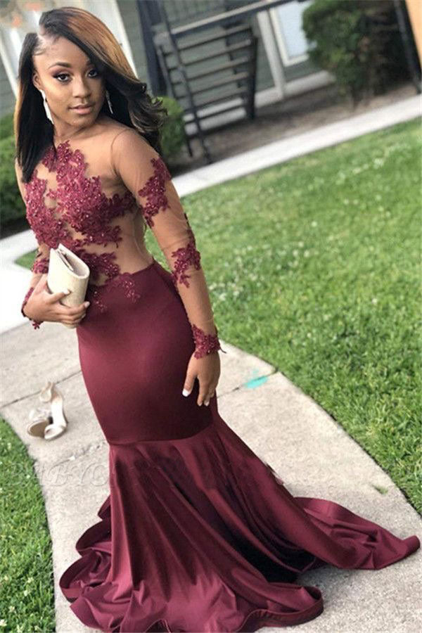 Long Sleeves Wine Mermaid Prom Dresses with Appliques