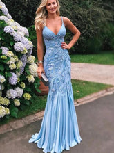 Load image into Gallery viewer, Spaghetti Straps Blue Mermaid Prom Dresses with Lace