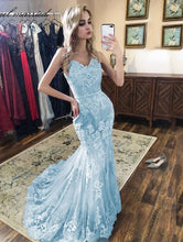 Load image into Gallery viewer, Sweetheart Mermaid Blue Prom Dresses with Appliques Lace