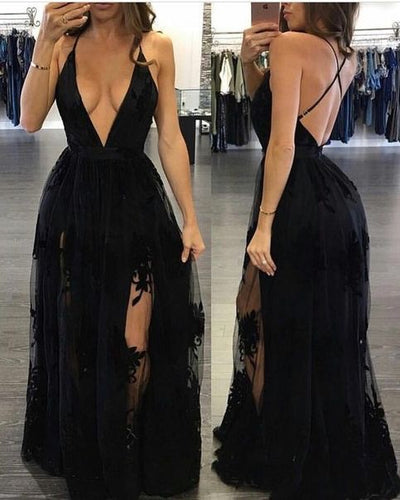 black split side split side prom dresses with lace 