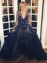 Laden Sie das Bild in den Galerie-Viewer, Deep V Neck Dark Navy Long Prom Dresses Evening Gowns