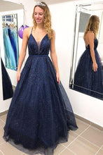 Load image into Gallery viewer, Deep V Neck Long Prom Dresses dark navy