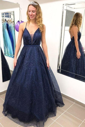 Deep V Neck Long Prom Dresses dark navy